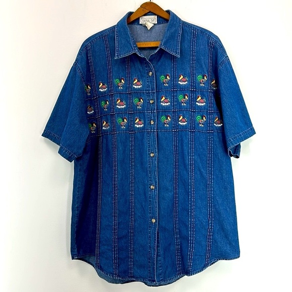 Vintage Mandal Bay Denim Button Up Shirt Farm Chicken Eggs Women's 1X Plus Jean - Picture 1 of 7